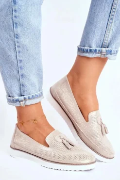 Mokasyny Damskie Skórzane Złote Amore Mio