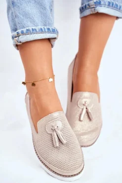 Mokasyny Damskie Skórzane Złote Amore Mio