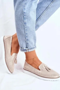 Mokasyny Damskie Skórzane Złote Amore Mio