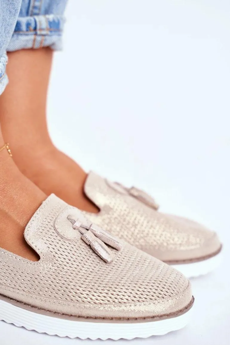 Mokasyny Damskie Skórzane Złote Amore Mio