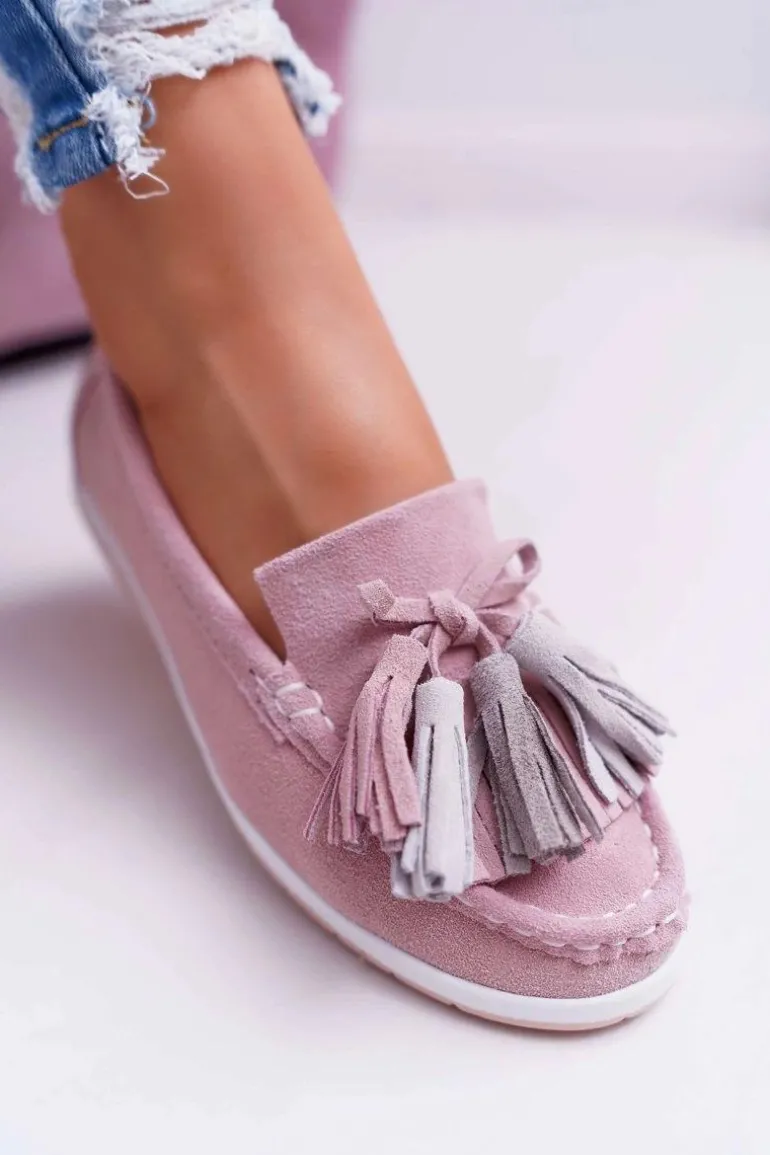 Mokasyny Damskie Skórzane Zamszowe Z Frędzlami Różowe Batist