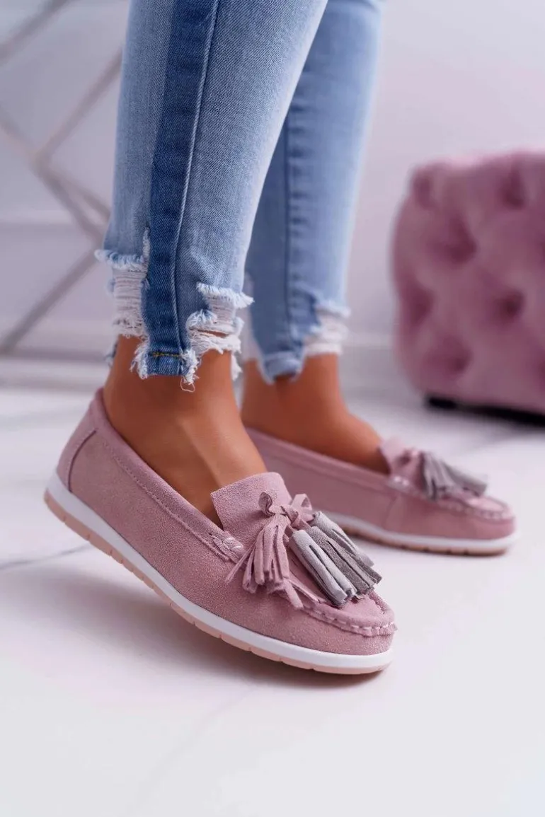 Mokasyny Damskie Skórzane Zamszowe Z Frędzlami Różowe Batist