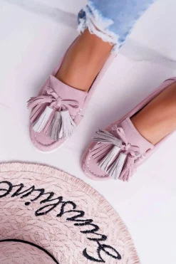 Mokasyny Damskie Skórzane Zamszowe Z Frędzlami Różowe Batist