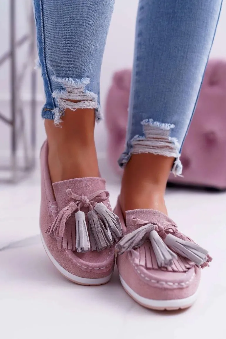 Mokasyny Damskie Skórzane Zamszowe Z Frędzlami Różowe Batist