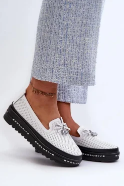 Mokasyny Damskie Skórzane Na Platformie S.Barski LR400 Białe