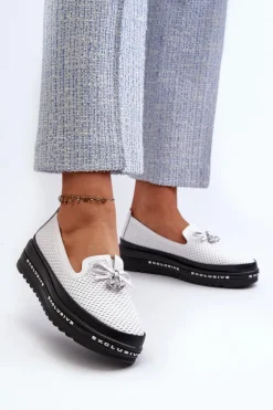 Mokasyny Damskie Skórzane Na Platformie S.Barski LR400 Białe