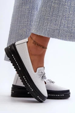 Mokasyny Damskie Skórzane Na Platformie S.Barski LR400 Białe