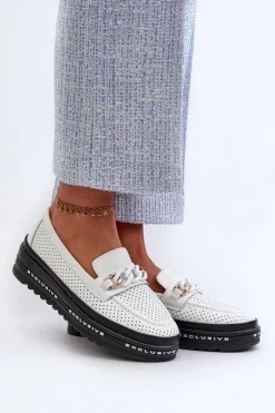 Mokasyny Damskie Skórzane Na Platformie Z Łańcuchem S.Barski LR618 Białe