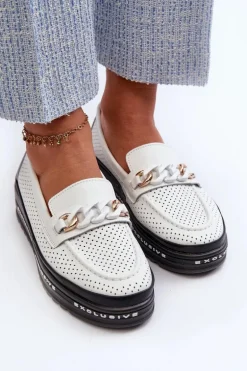 Mokasyny Damskie Skórzane Na Platformie Z Łańcuchem S.Barski LR618 Białe