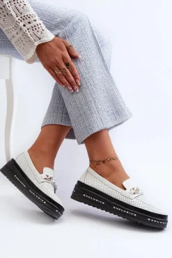 Mokasyny Damskie Skórzane Na Platformie Z Łańcuchem S.Barski LR618 Białe