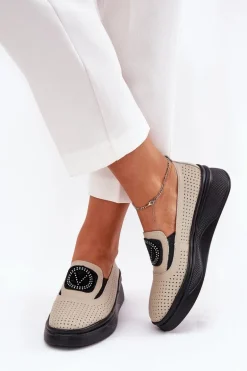 Mokasyny Damskie Skórzane Na Platformie I Koturnie Vinceza 79522 Beżowe