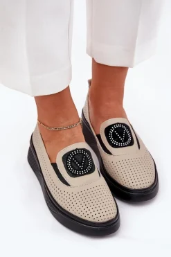 Mokasyny Damskie Skórzane Na Platformie I Koturnie Vinceza 79522 Beżowe