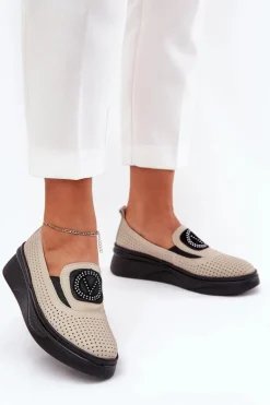 Mokasyny Damskie Skórzane Na Platformie I Koturnie Vinceza 79522 Beżowe