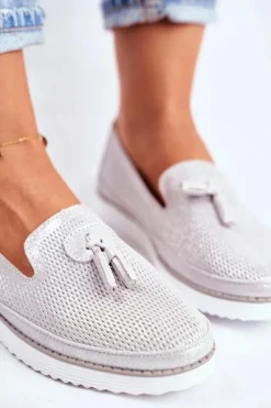 Mokasyny Damskie Skórzane Srebrne Amore Mio