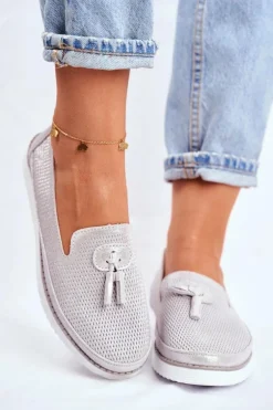 Mokasyny Damskie Skórzane Srebrne Amore Mio