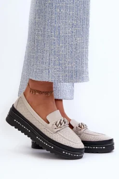 Mokasyny Damskie Skórzane Na Platformie Z Łańcuchem S.Barski LR618 Beżowe