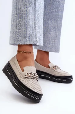 Mokasyny Damskie Skórzane Na Platformie Z Łańcuchem S.Barski LR618 Beżowe