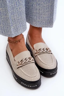 Mokasyny Damskie Skórzane Na Platformie Z Łańcuchem S.Barski LR618 Beżowe