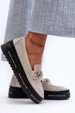 Mokasyny Damskie Skórzane Na Platformie Z Łańcuchem S.Barski LR618 Beżowe