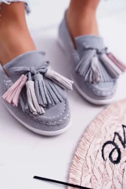Mokasyny Damskie Skórzane Zamszowe Z Frędzlami Szare Batist