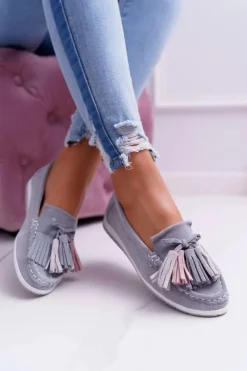 Mokasyny Damskie Skórzane Zamszowe Z Frędzlami Szare Batist