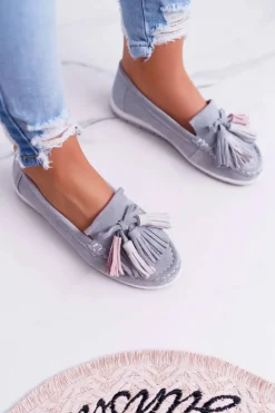 Mokasyny Damskie Skórzane Zamszowe Z Frędzlami Szare Batist