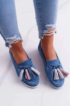 Mokasyny Damskie Skórzane Zamszowe Z Frędzlami Niebieskie Batist