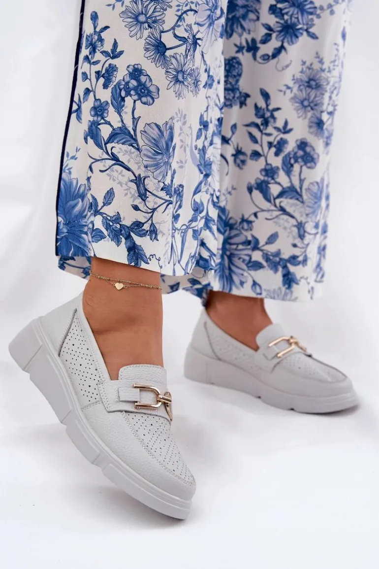 Mokasyny Damskie Skórzane Ze Złotym Detalem Vinceza 88007 Jasnoszare