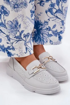 Mokasyny Damskie Skórzane Ze Złotym Detalem Vinceza 88007 Jasnoszare