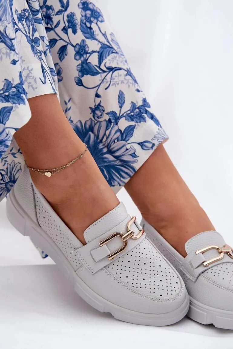 Mokasyny Damskie Skórzane Ze Złotym Detalem Vinceza 88007 Jasnoszare