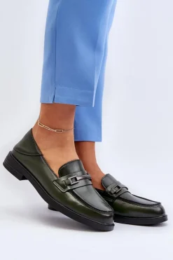 Mokasyny Damskie Skórzane Ciemnozielone Nurea