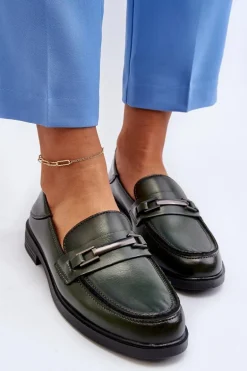 Mokasyny Damskie Skórzane Ciemnozielone Nurea