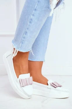 Mokasyny Damskie Skórzane Biało Różowe Lovren