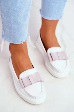 Mokasyny Damskie Skórzane Biało Różowe Lovren