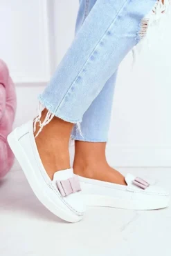 Mokasyny Damskie Skórzane Biało Różowe Lovren