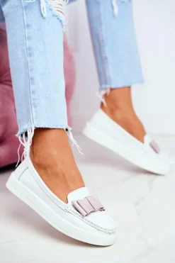 Mokasyny Damskie Skórzane Biało Różowe Lovren