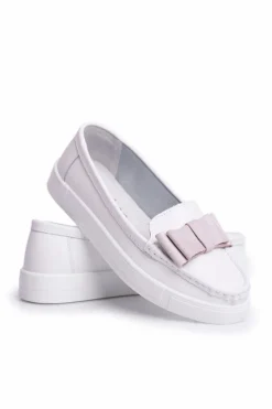 Mokasyny Damskie Skórzane Biało Różowe Lovren