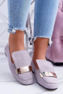 Mokasyny Damskie Szare Z Blaszką Złote Lordsy Lu Boo Harlem