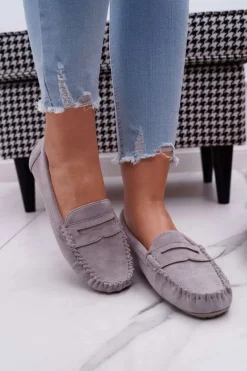 Mokasyny Damskie Szare Zamszowe Bolero