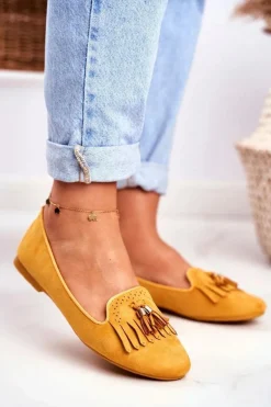 Mokasyny Damskie Żółte Lordsy Frędzle Therese