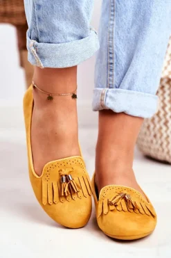 Mokasyny Damskie Żółte Lordsy Frędzle Therese