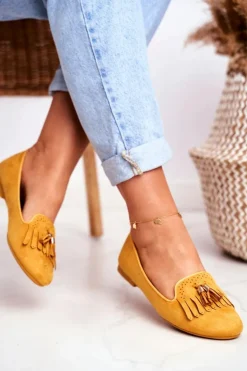 Mokasyny Damskie Żółte Lordsy Frędzle Therese