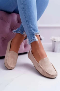Mokasyny Damskie Wygodne Eko-zamsz Beżowe Lemma