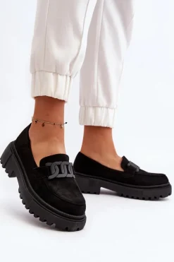 Mokasyny Damskie Z Łańcuchem Czarne Mevre
