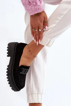 Mokasyny Damskie Z Łańcuchem Czarne Mevre