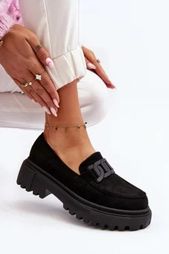 Mokasyny Damskie Z Łańcuchem Czarne Mevre