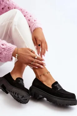 Mokasyny Damskie Z Łańcuchem Czarne Mevre