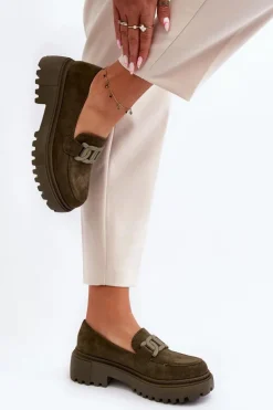 Mokasyny Damskie Z Łańcuchem Ciemnozielone Mevre