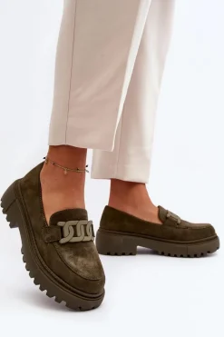 Mokasyny Damskie Z Łańcuchem Ciemnozielone Mevre