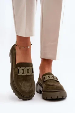 Mokasyny Damskie Z Łańcuchem Ciemnozielone Mevre